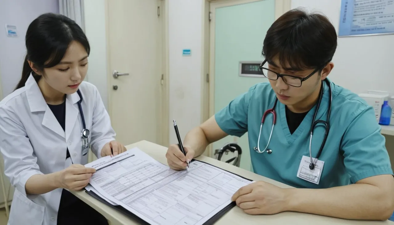 국가건강검진 항목을 확인하며 병원 문진표를 작성하는 모습