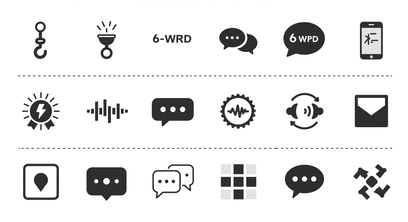 후킹·텍스트 제한·오디오 싱크·저장 유도·썸네일·초기반응을 아이콘으로 표현한 일러스트