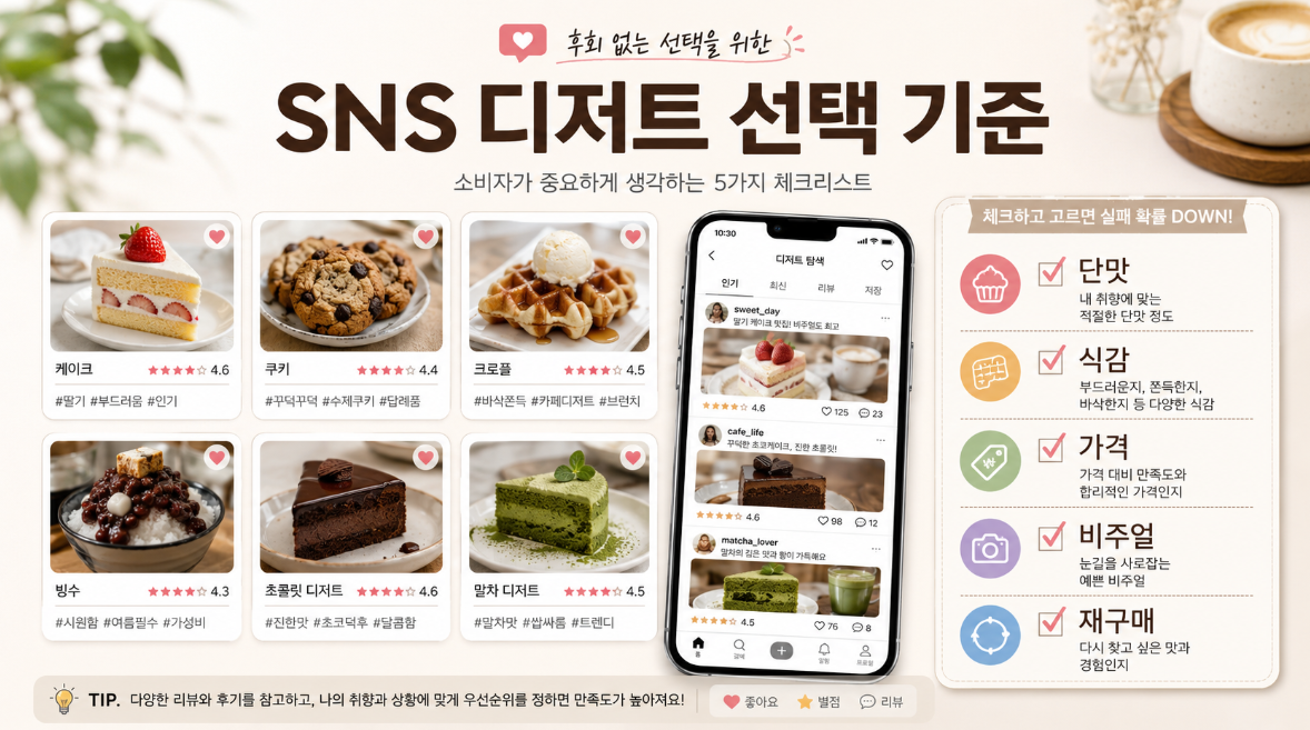 SNS 디저트를 선택할 때 단맛, 식감, 가격, 비주얼, 재구매 기준을 확인하는 체크리스트 이미지