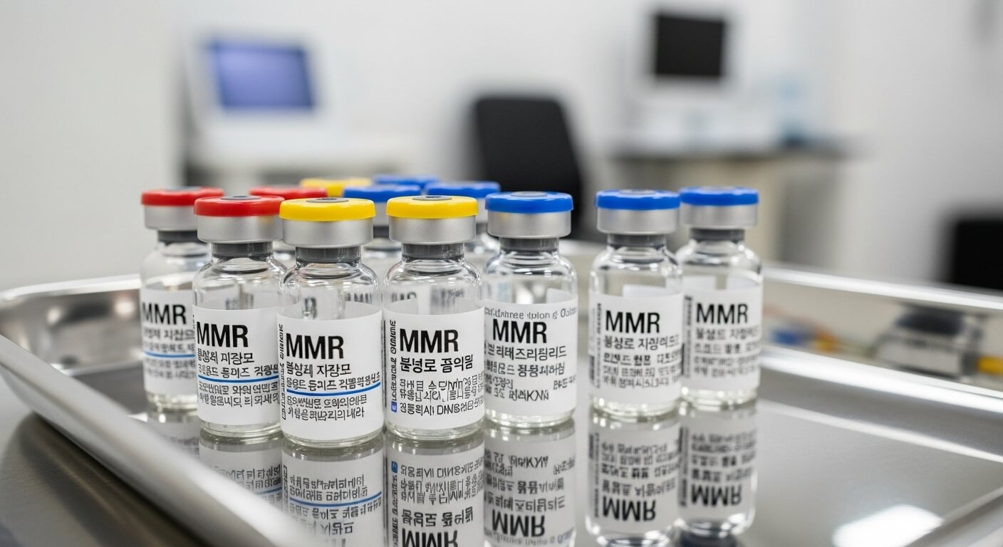 트레이위에 진열된 MMR 백신 병