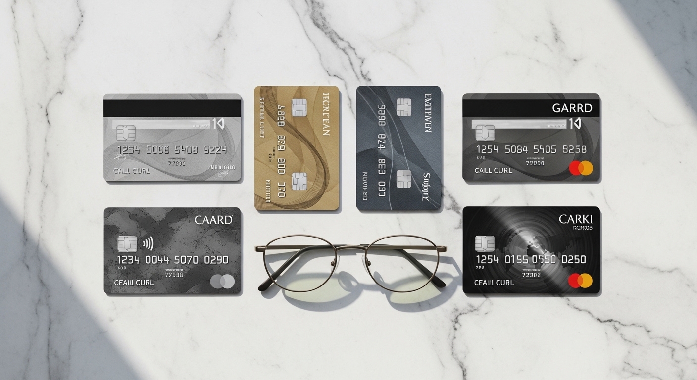 A high-quality top-down view of several premium credit cards laid out neatly on a white marble surface, with a pair of professional reading glasses. Elegant and trustworthy financial vibe.