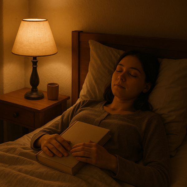 편안한 수면 루틴으로 갱년기 증상 완화를 위해 밤 조명이 켜진 방 안에서 책을 덮고 잠자리에 드는 모습