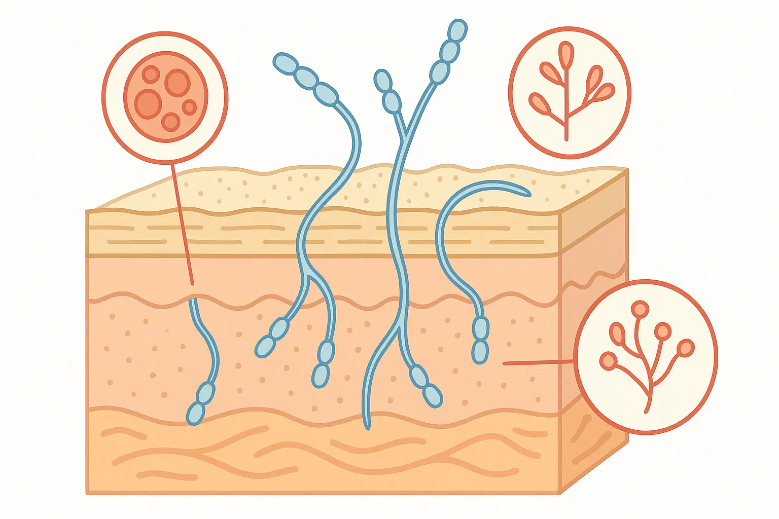 피부 각질층을 확대해 곰팡이가 침투하는 모습을 보여주는 단면 일러스트