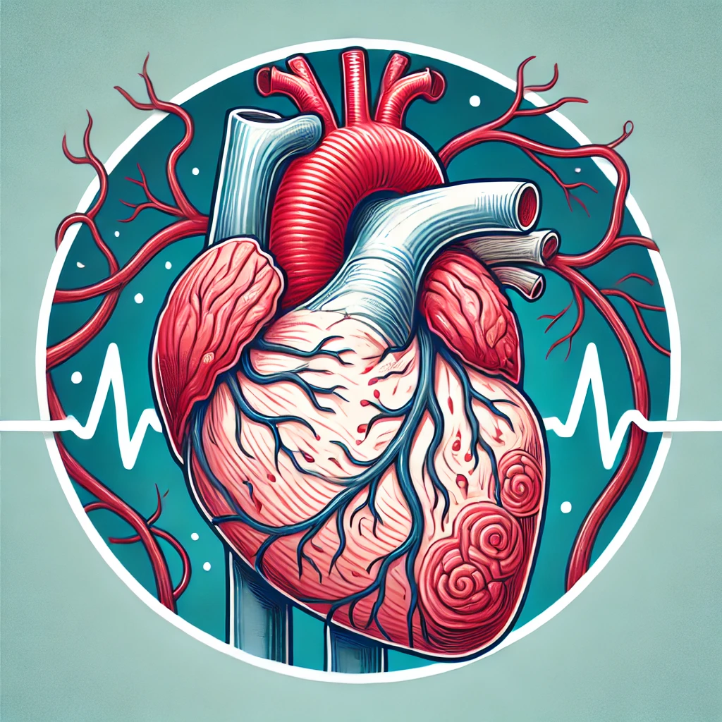 " Illustration of an aging heart with clogged arteries, depicting cardiovascular deterioration"