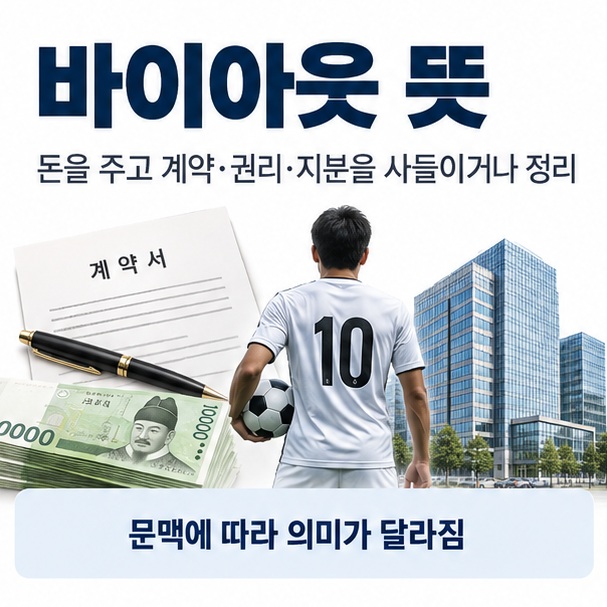 바이아웃 뜻이라는 제목과 계약서, 돈, 스포츠 선수, 기업 인수 아이콘을 함께 표현한 대표 이미지