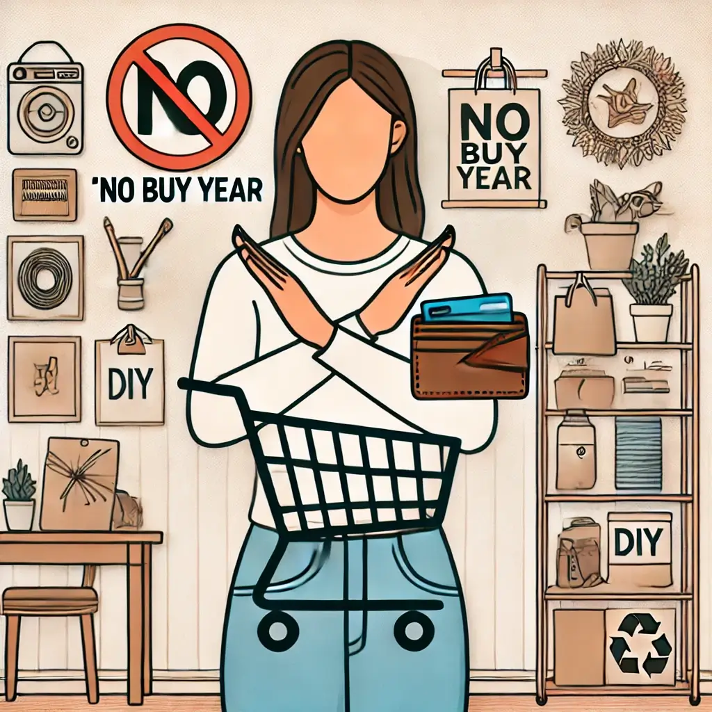 여기 ‘No Buy Year(노바이이어)’ 챌린지를 표현한 이미지입니다! 🛑 쇼핑을 멈추고, 절제된 소비를 실천하는 모습을 담았어요