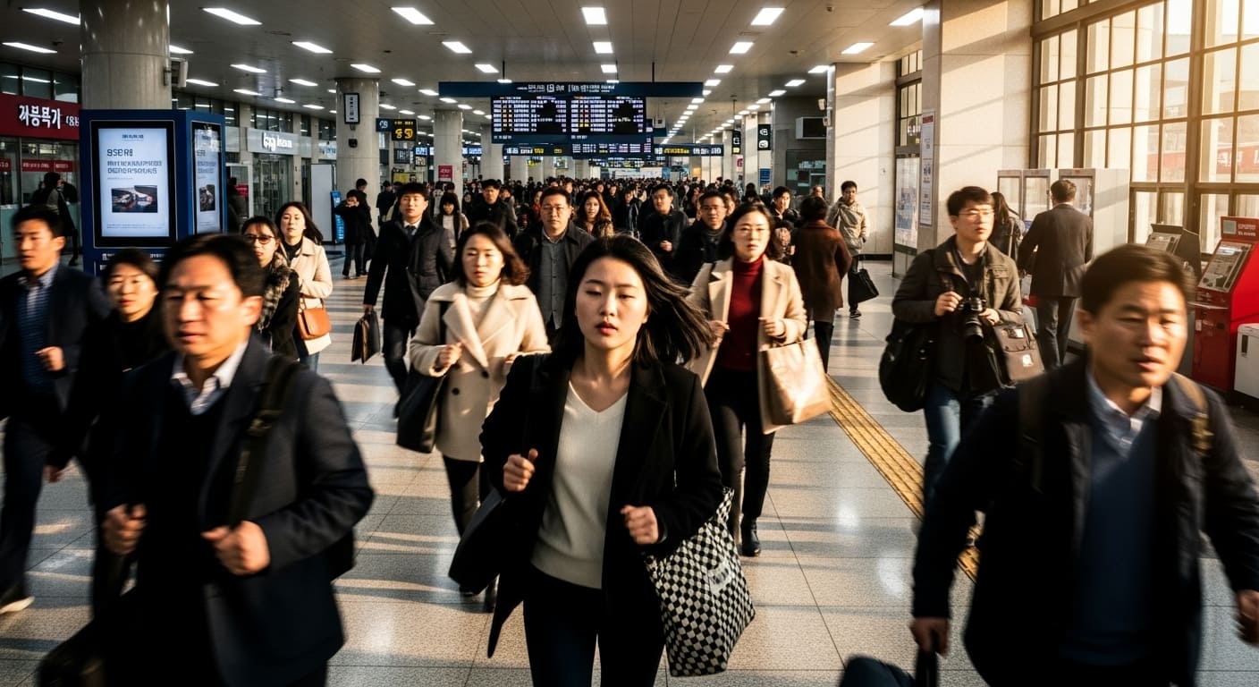 기차역 대합실을 가득 메운 출근길 인파