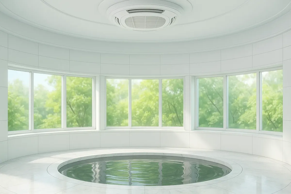 스파룸 천장형 에어컨과 원형 수영장