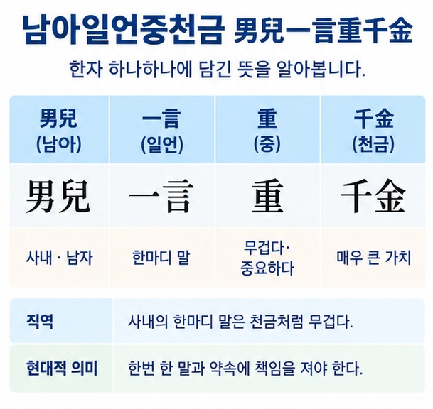 남아일언중천금 男兒一言重千金의 한자별 뜻을 표로 풀이한 이미지