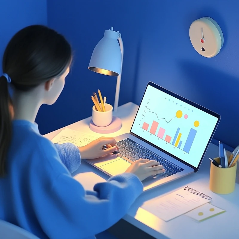 30대 직장인 워킹맘이 집에서 국내 연금 ETF 투자 차트를 노트북으로 분석하며 미래를 준비하는 모습. 연금자산, ETF 투자, 국내연금 ETF, 연금 ETF 비교, 노후 준비에 대한 실전 투자 분석을 감성적으로 표현.