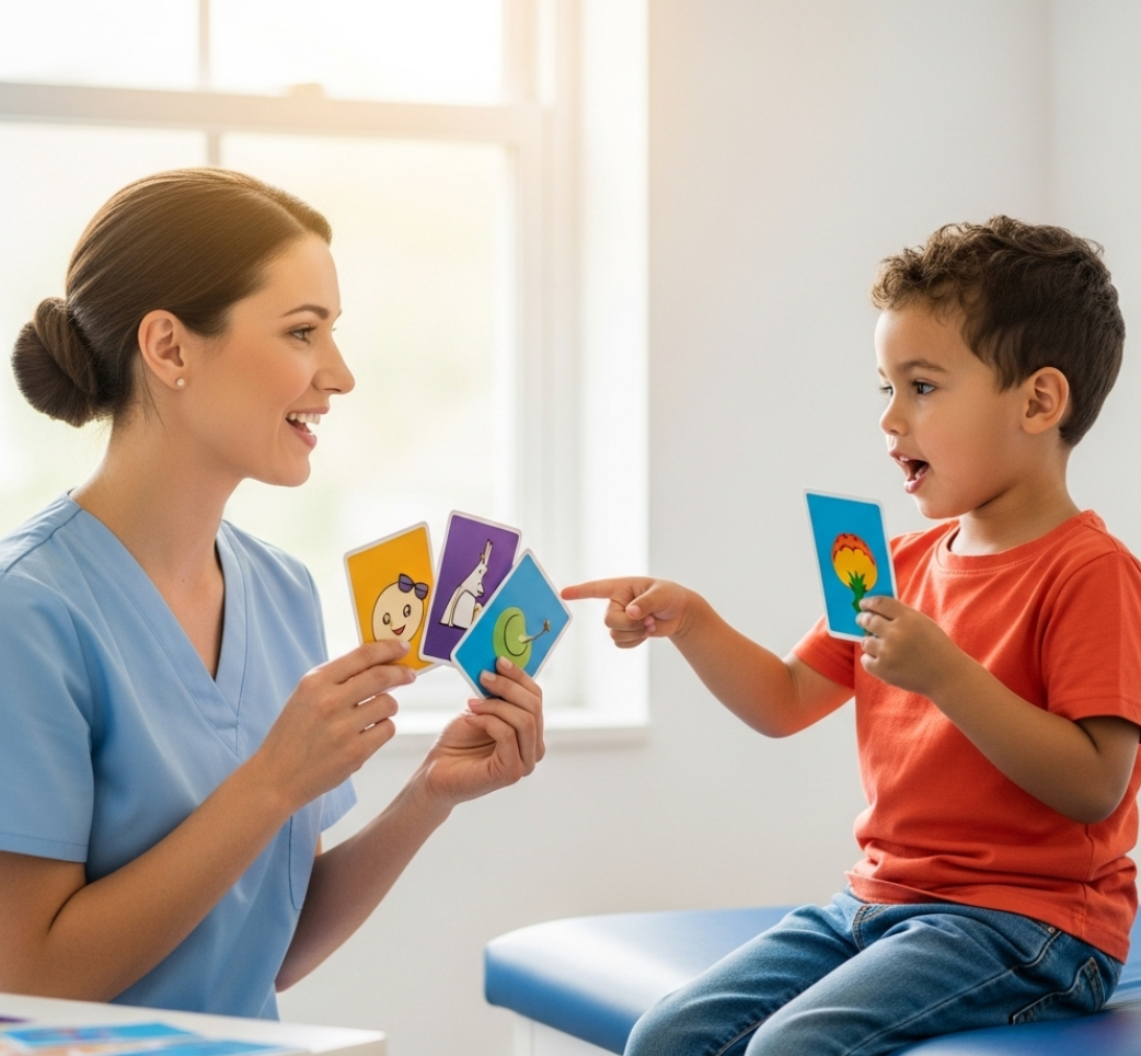 아이가 선생님과 카드로 이야기 하는 사진