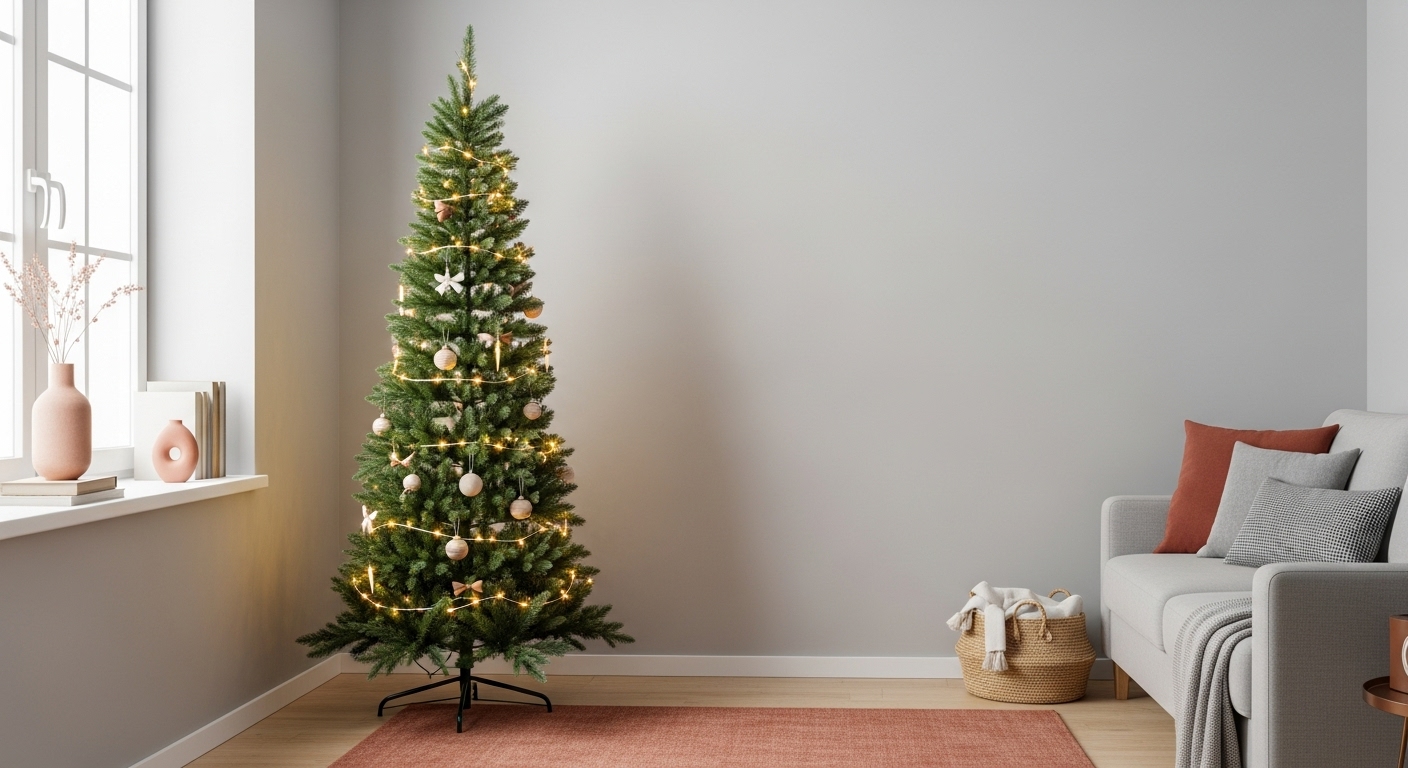 좁은 거실 코너에 놓인 슬림형 미니멀 크리스마스 트리와 따뜻한 조명