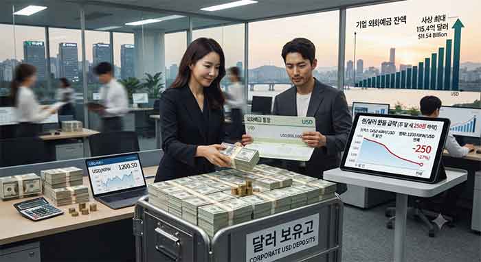 환율 하락 속 달러를 쌓아두는 기업과 외화예금 증가를 표현한 일러스트.