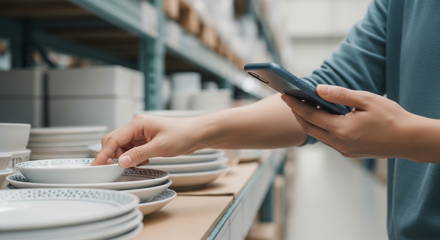 접시 세트를 보며 휴대폰으로 가격을 비교하는 손 장면 