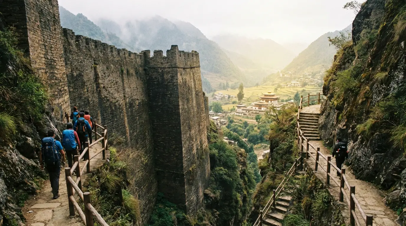막혀있는 거대한 벽 옆으로 나 있는 안전하고 작은 샛길을 통해 목적지로 향하는 모습
