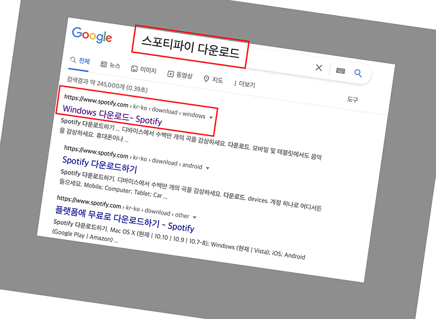구글에서 스포티파이 다운로드 를 검색하는 사진