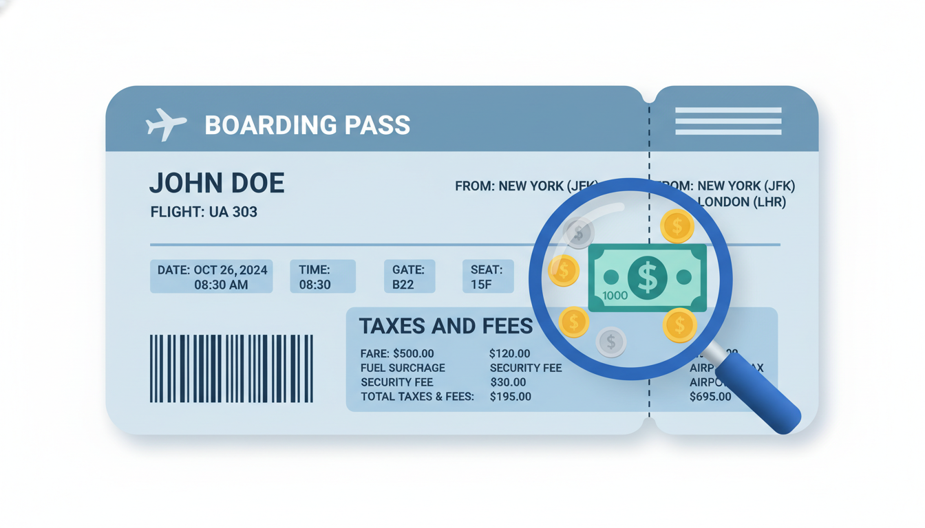 항공권 내 세금 및 수수료 항목에 포함된 출국납부금을 돋보기로 확인하는 일러스트