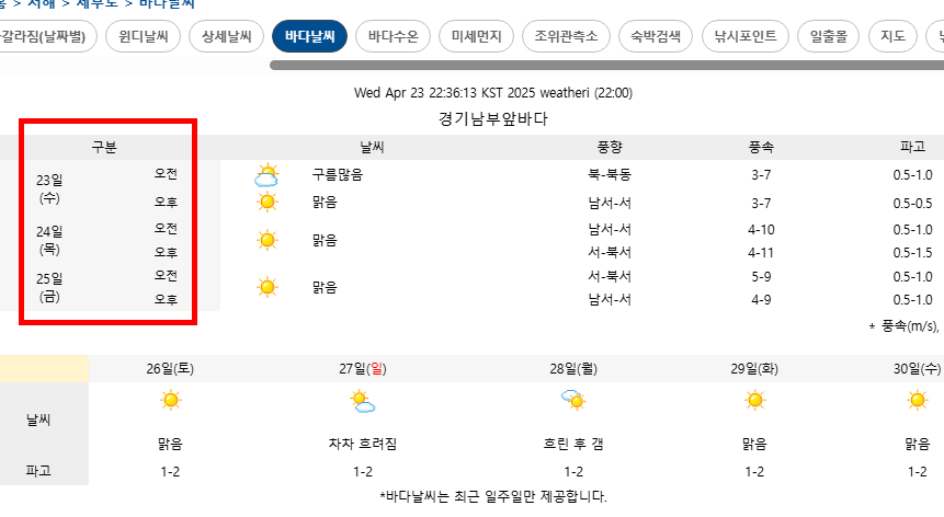 서해안 물때표 시간 확인 사이트