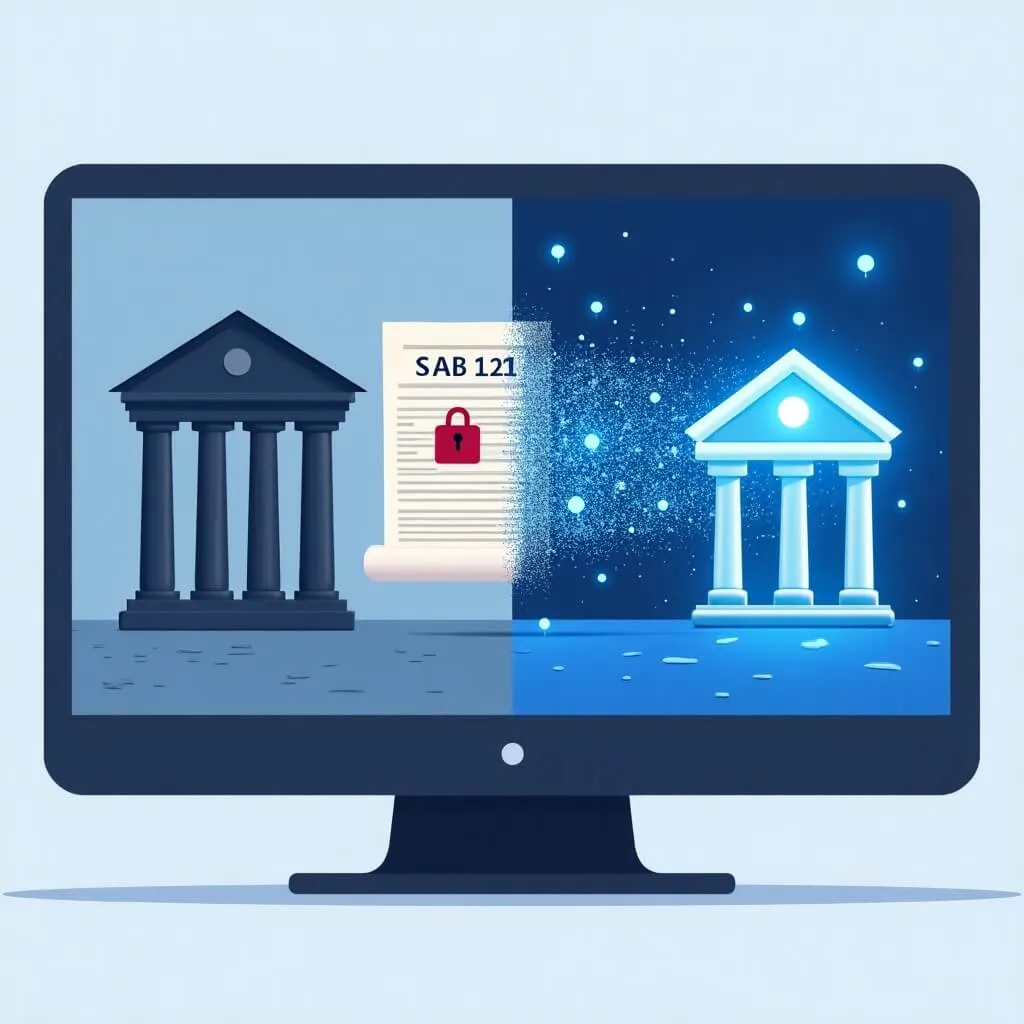 닫혀 있던 은행 아이콘과 잠금 상징이 디지털 입자로 흩어지며, 열린 은행과 블록체인 노드로 이어지는 규제 전환을 표현한 이미지. SAB 121 폐지와 SAB 122 도입으로 글로벌 수탁 은행이 미국 RWA 토큰화 시장에 진입하는 변화를 상징함 (SAB 121 repeal, bank custody, US RWA regulation)