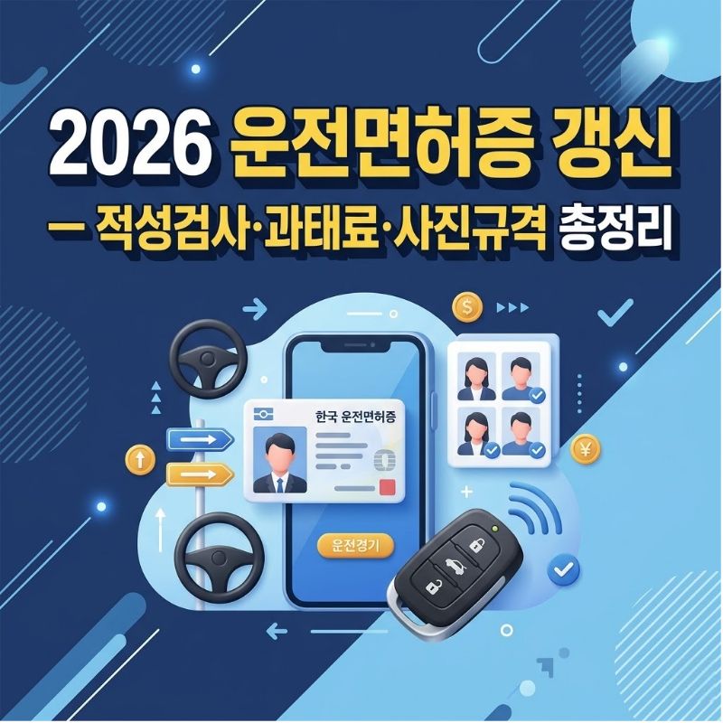 2026 운전면허증 갱신 적성검사 총정리라는 텍스트가 중앙에 굵게 적혀 있는 블로그 썸네일 이미지. 신뢰감을 주는 네이비 블루 배경 위에 모바일 운전면허증이 띄워진 스마트폰, 자동차 키, 증명사진 아이콘이 입체감 있게 배치되어 있어 면허 갱신 절차를 직관적으로 보여줍니다.