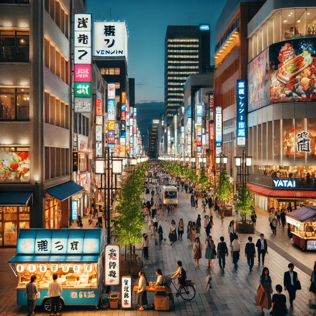 밤에 번화한 텐진 지구의 네온사인과 사람들