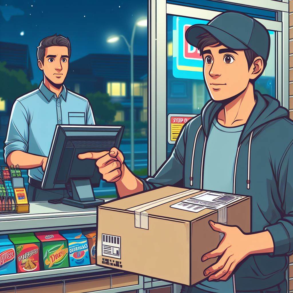 밤 늦은 시간, 편의점에서 택배를 보내는 사람. 만화적인 이미지