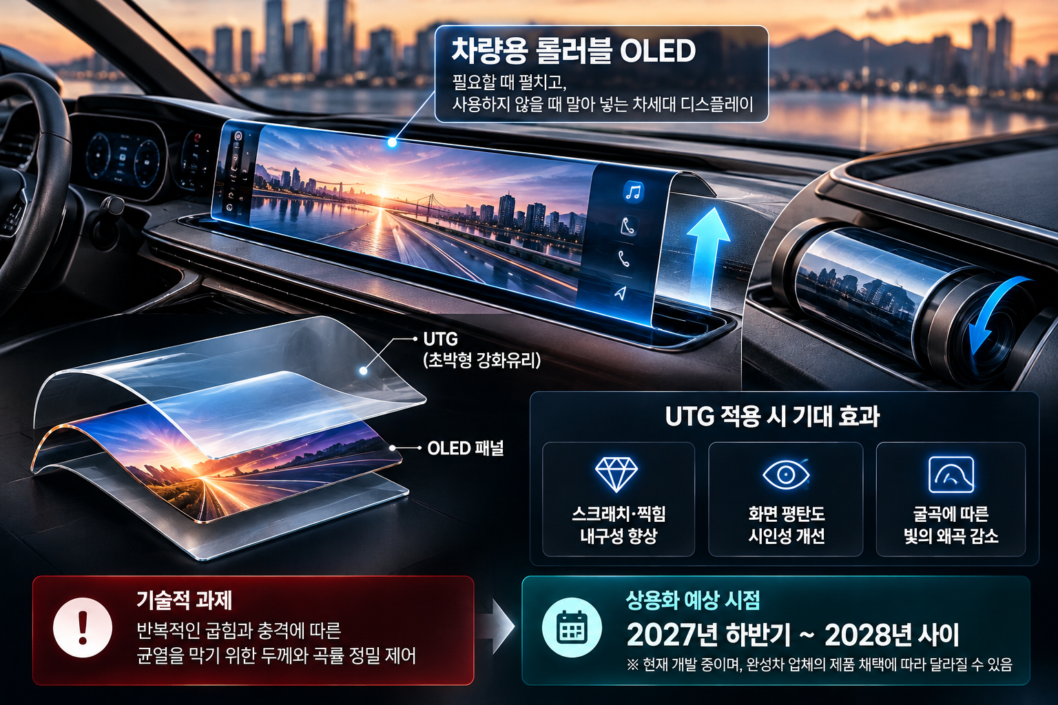 도우인시스 차량용 롤러블 OLED 개발, 자동차 대시보드에서 말리고 펼쳐지는 디스플레이와 UTG 초박형 강화유리 적용 구조를 설명한 이미지