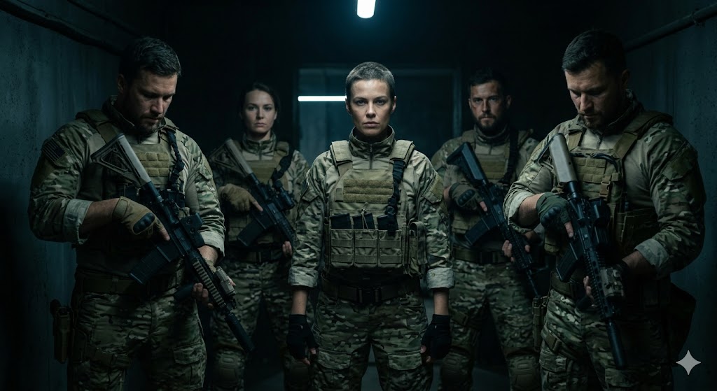 어두운 지하 벙커에서 굳은 표정으로 무기를 점검하며 출격 준비를 하는 불멸자 팀원들