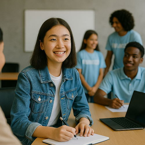 해외에서 외국친구들과 같이 공부하는 모습의 학생