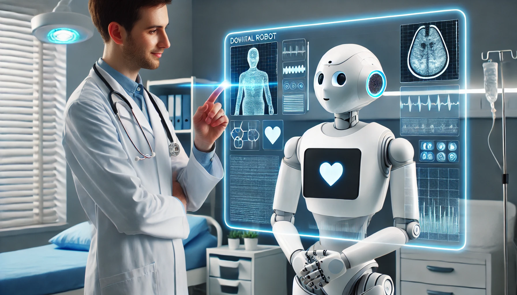 A humanoid robot assisting a doctor in a hospital