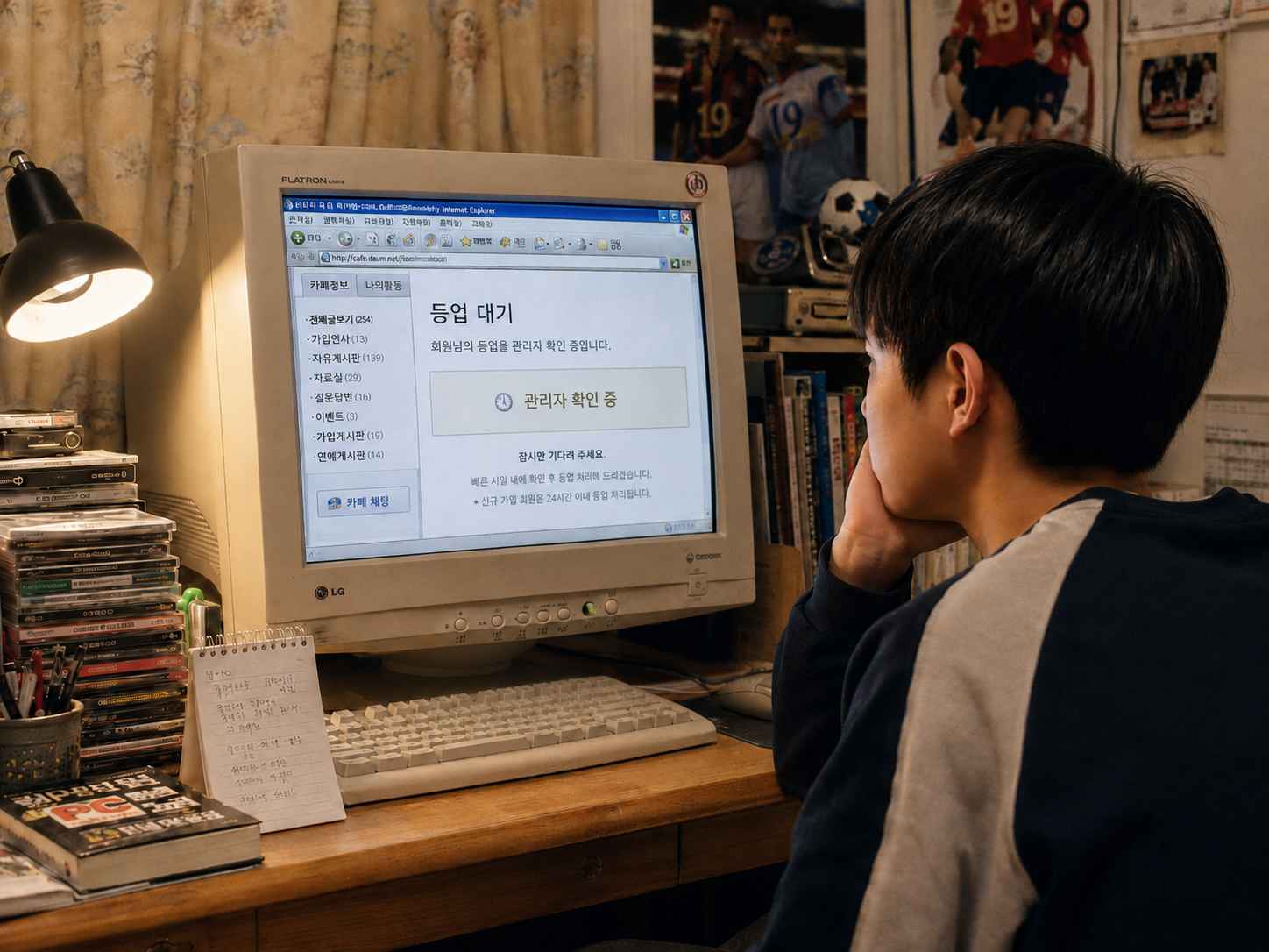 방에서 한 사람이 CRT 모니터를 바라보며 온라인 카페의 등업 결과를 확인하는 모습