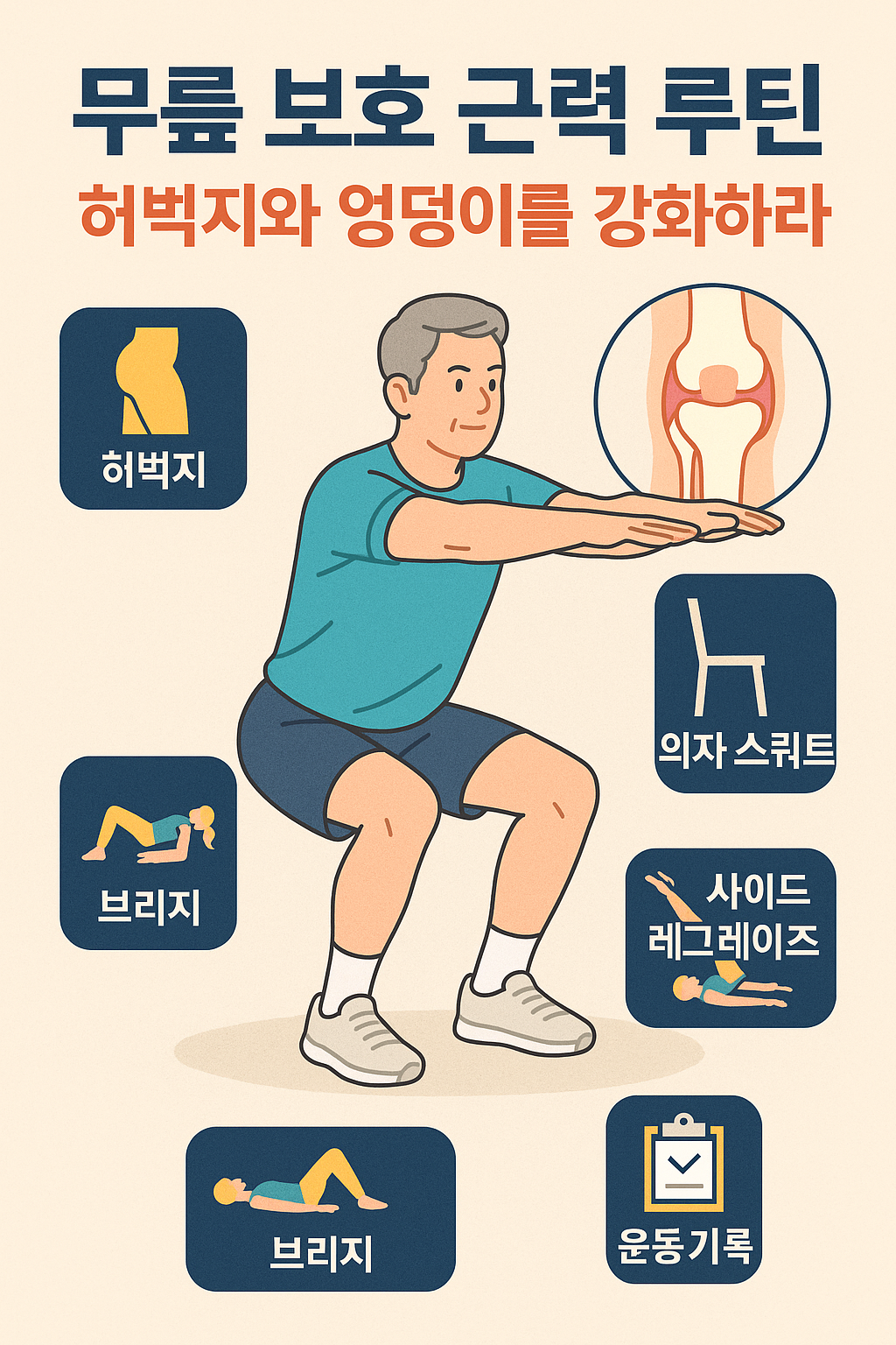 중년 남성이 집에서 의자 스쿼트, 브리지, 레그레이즈 등 무릎 보호 근력 운동을 실천하는 모습을 담은 인포그래픽 스타일 일러스트