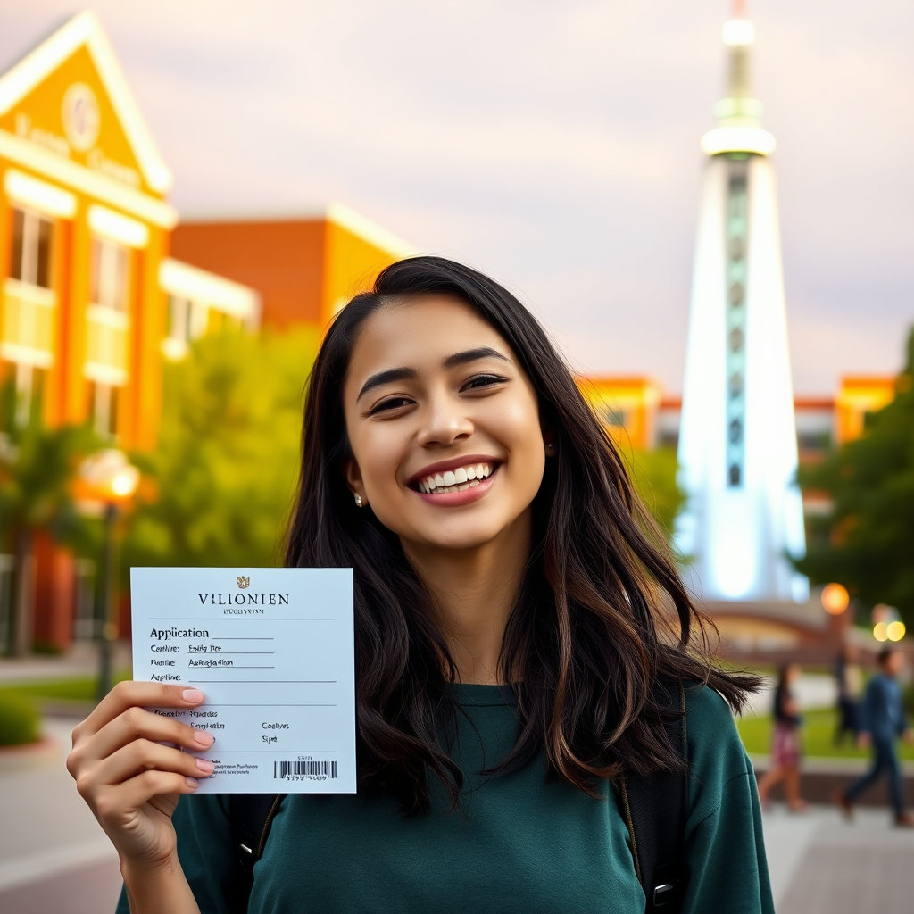 미소를 지으며 원서 접수 확인증을 들고 있는 수험생의 모습 뒤로, 대학 캠퍼스나 합격을 상징하는 비전 타워 등이 밝게 빛나는 장면을 연출해 주세요. 희망적이고 긍정적인 분위기를 강조합니다.
