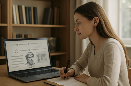 젊은 여성이 노트북 화면을 보며 메모하거나 정리 중
모니터에는 타임라인, 역사 인물, 세계지도 아이콘 같은 자료가 흐릿하게 있음