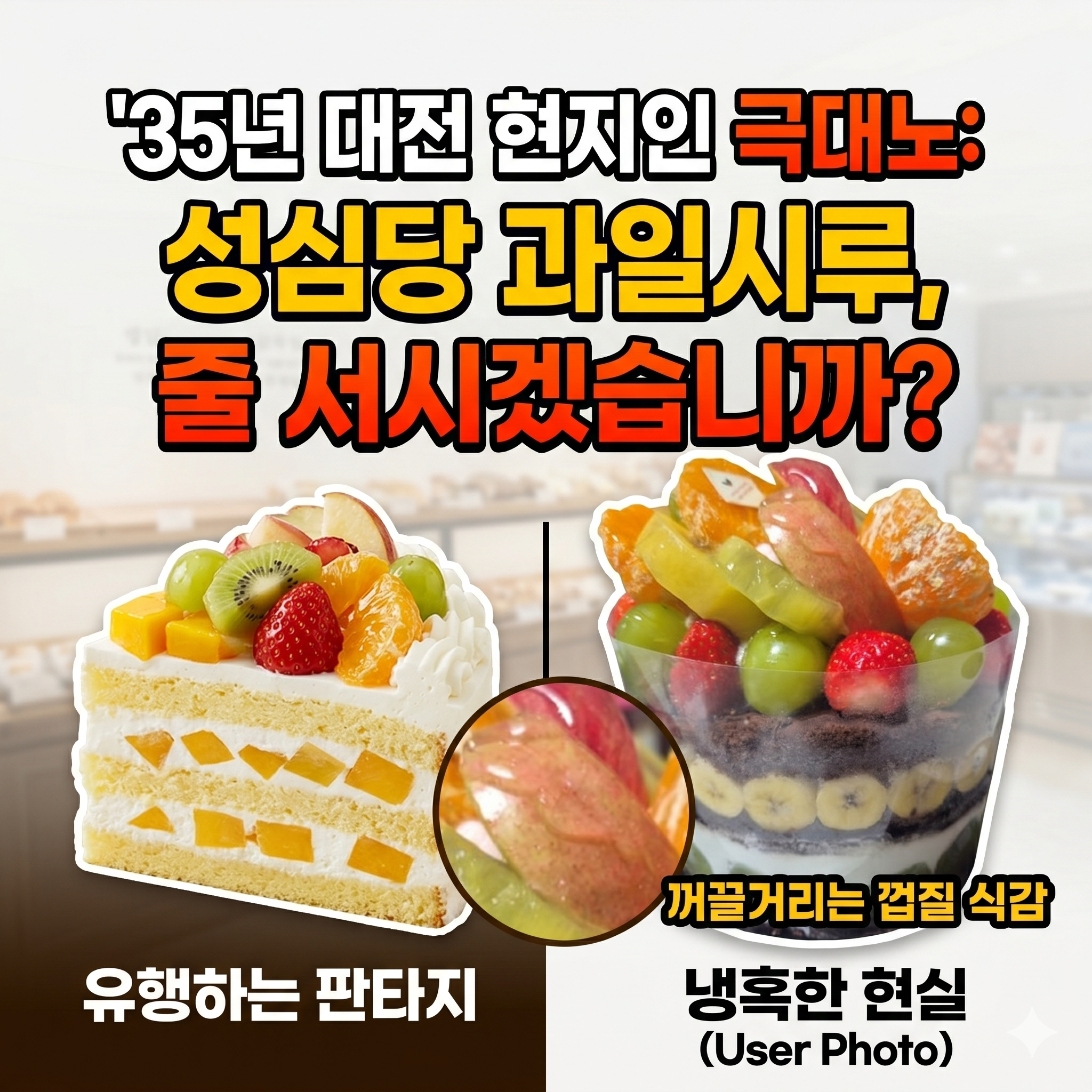 "35년 대전 현지인 극대노: 성심당 과일시루, 이 사진 보고도 줄 서시겠습니까?"라는 크고 강렬한 한글 텍스트가 상단에 배치된 썸네일. 중앙에는 유행하는 이미지와 실제 실망스러운 모습의 다양한 과일(특히 거친 껍질이 보이는 사과 조각)이 무질서하게 얹어진 messy한 케이크 단면을 비교하는 그래픽이 그려져 있어 클릭을 유도한다. 특히 사용자님이 제공한 실제 사진을 기반으로 한 케이크의 둔탁한 모습과 '꺼끌거리는 껍질'을 직관적으로 보여준다.