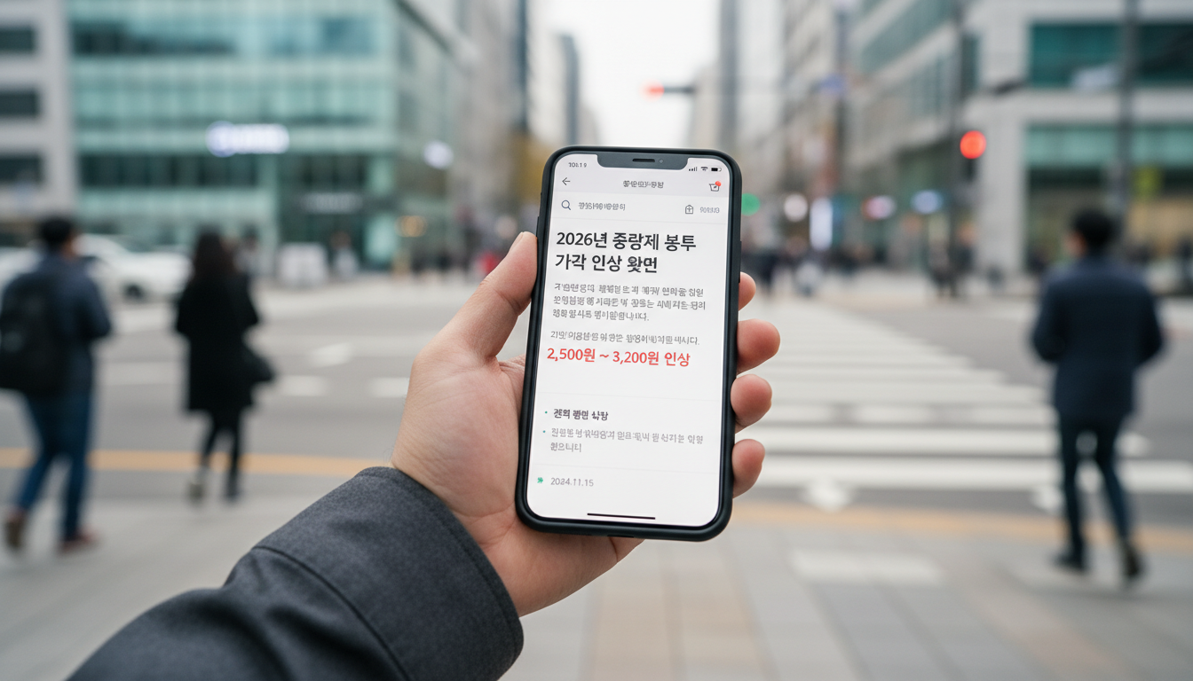 2026년 종량제 봉투 가격 변동을 스마트폰으로 확인하는 모습.