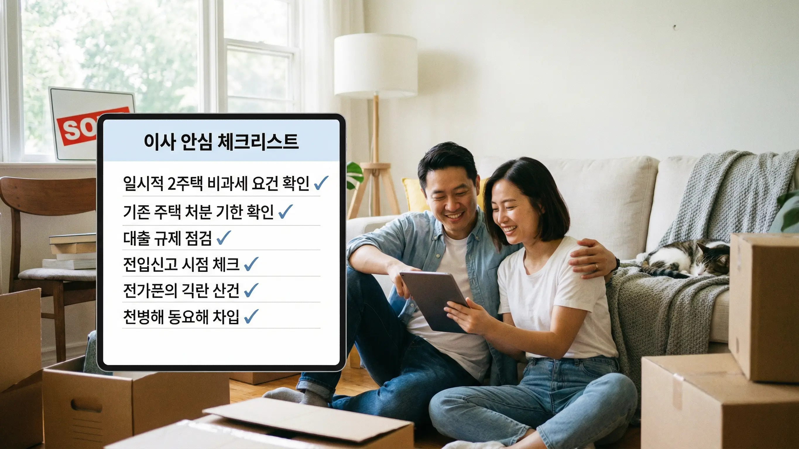 이사 과정에서 발생할 수 있는 일시적 2주택 등의 위험 요소를 체크리스트로 확인하며 안심하는 모습