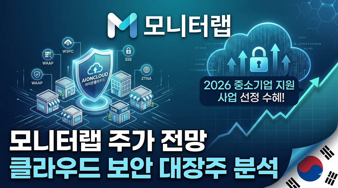모니터랩 로고와 클라우드 보안 플랫폼 아이온클라우드의 주요 서비스를 도식화한 이미지 위에 '정부 사업 선정 및 주가 전망' 텍스트가 삽입된 썸네일