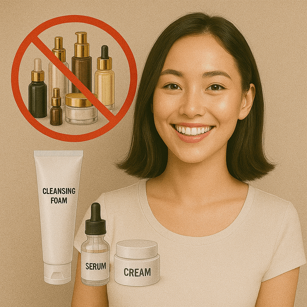 기초화장품의 갯수를 줄이고 화장품을 적게 사용한 맑은 피부를 가진 여성의 모습