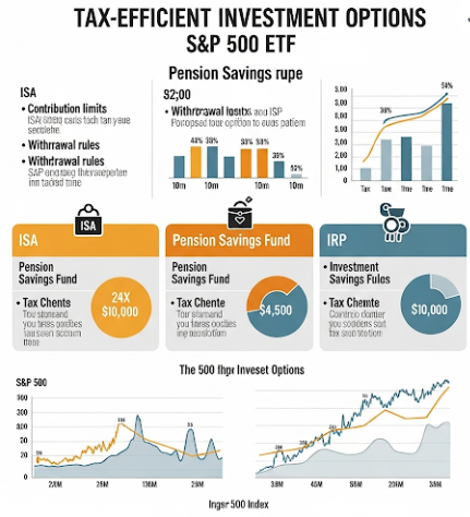 ISA, 연금저축펀드, IRP 등 세금 효율적인 S&amp;P500 ETF 투자 계좌를 보여주는 인포그래픽