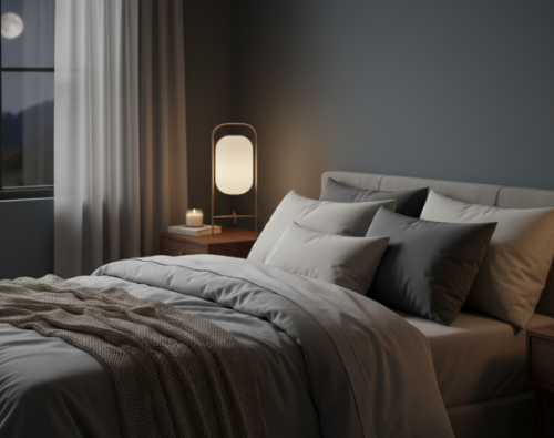 어둡고 조용한 침실에 놓인 편안한 침구와 은은한 조명