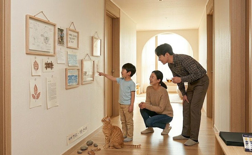 밝은 햇살이 드는 복도 벽면에 전시된 비버 프로젝트 액자들을 감상하며 대화하는 가족