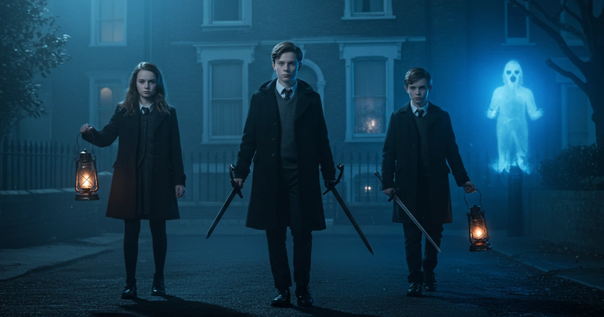 런던 거리에서 유령을 추적하는 10대 탐정 3인의 긴장감 넘치는 모습