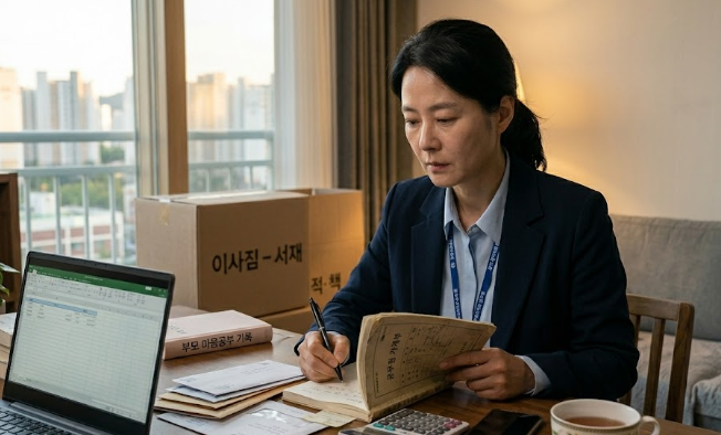 거실 테이블에서 노트북과 서류를 보며 똑부러지게 가계부를 작성하는 공무원 엄마의 모습