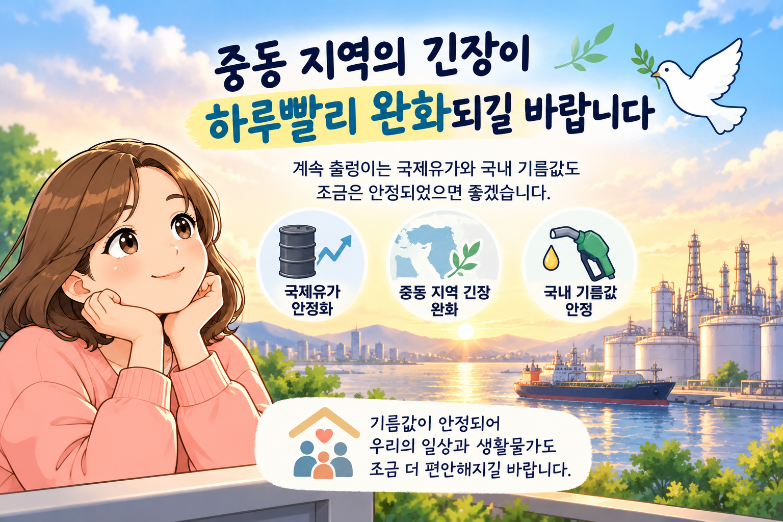 중동 지역의 긴장 완화와 국제유가 안정으로 국내 기름값과 생활물가도 안정되기를 바라는 내용을 표현한 이미지