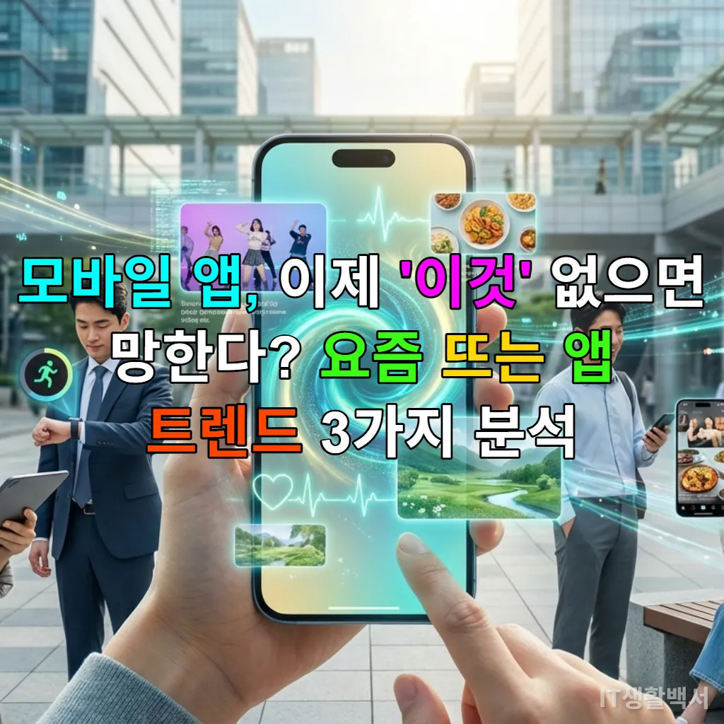 모바일 앱 트렌드를 보여주는 스마트폰, 생성형 AI, 숏폼 비디오, 헬스케어 앱 요소가 결합된 모습