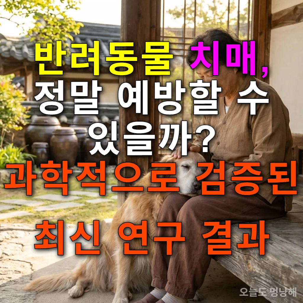 한옥 마루에 앉아 나이 든 골든 리트리버를 쓰다듬는 한국인 할머니와 평화로운 모습의 반려견