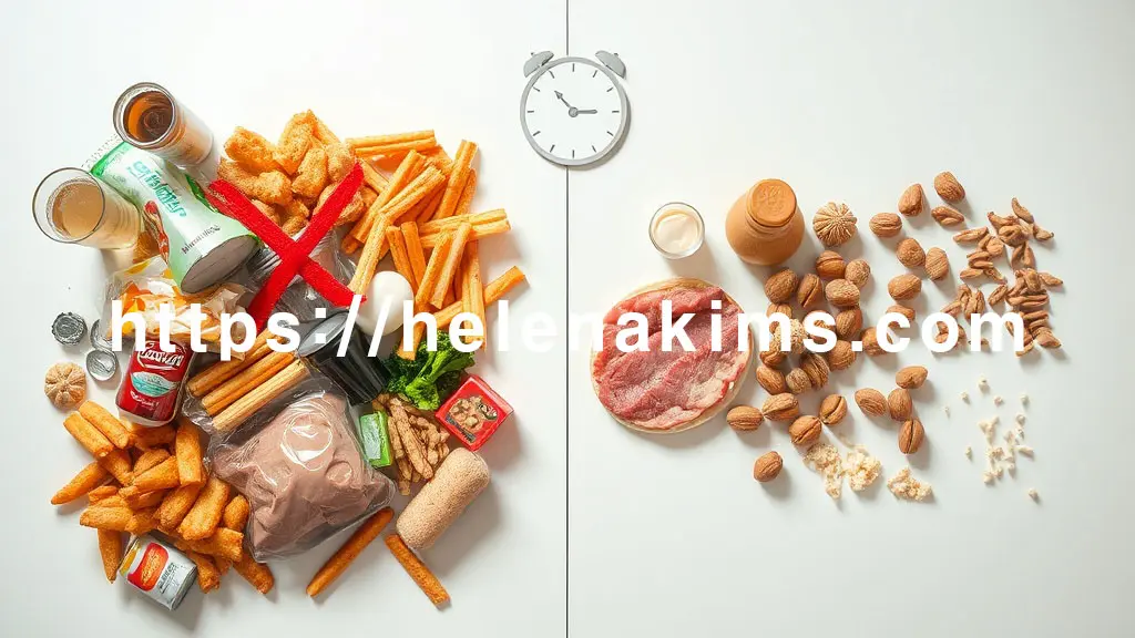 밝고 깨끗한 테이블 위, 한쪽에는 붉은색 경고 표시와 함께 튀긴 음식, 탄산음료, 가공 과자 등 고도로 가공된 식품들이 놓여 있고, 그 옆에는 단백질이 풍부한 음식 고기, 견과류, 유제품이 놓여 있는 이미지.