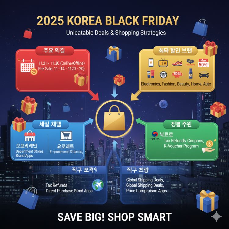 2025 한국 블랙프라이데이 주요 일정·최대 할인 브랜드·오프라인/온라인 세일·정부 지원·직구 전략 인포그래픽