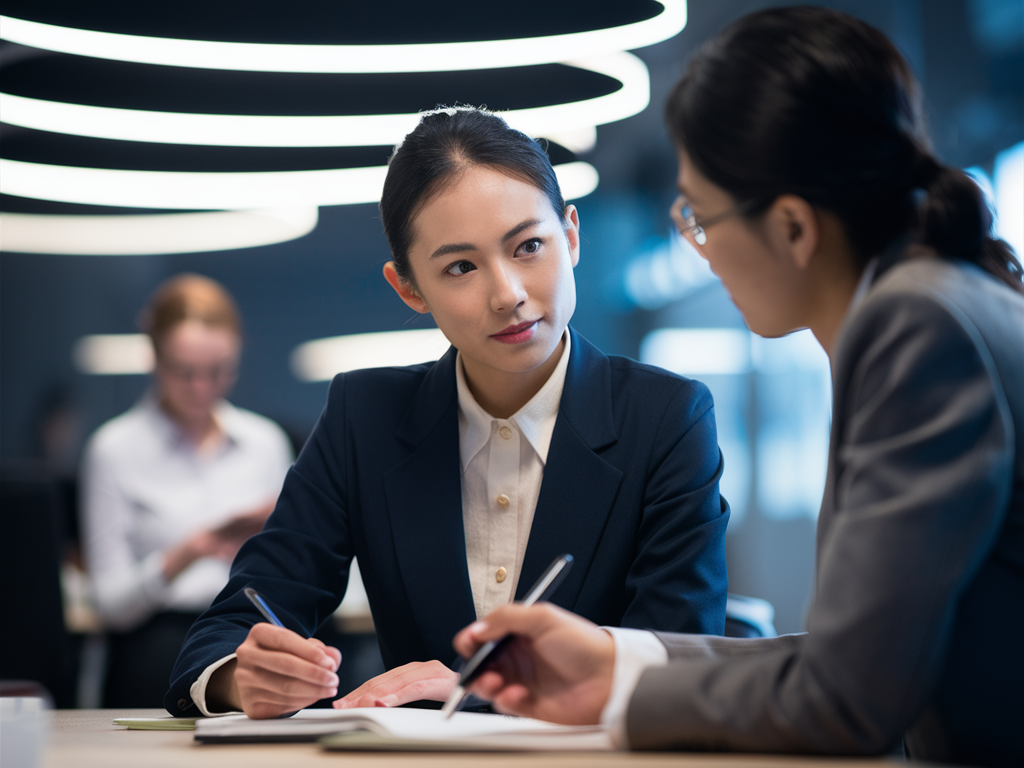 건설적인 피드백을 듣고 메모하는 직장인의 모습. 상대방은 조언을 제공하며, 친근하고 긍정적인 분위기가 연출됨